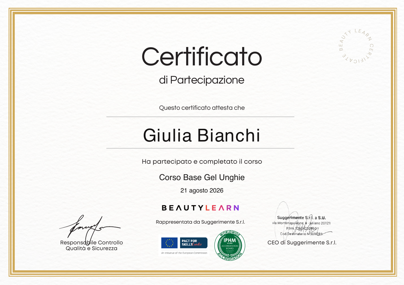 Anteprima attestato BeautyLearn intestato a Giulia Bianchi per Master completo Onicotecnica di Accademia Unghie®